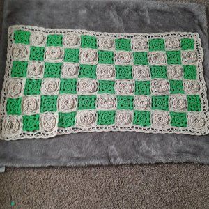 Homemade Knit Blanket Green Tan Floral 3D detail 28x16" Throw